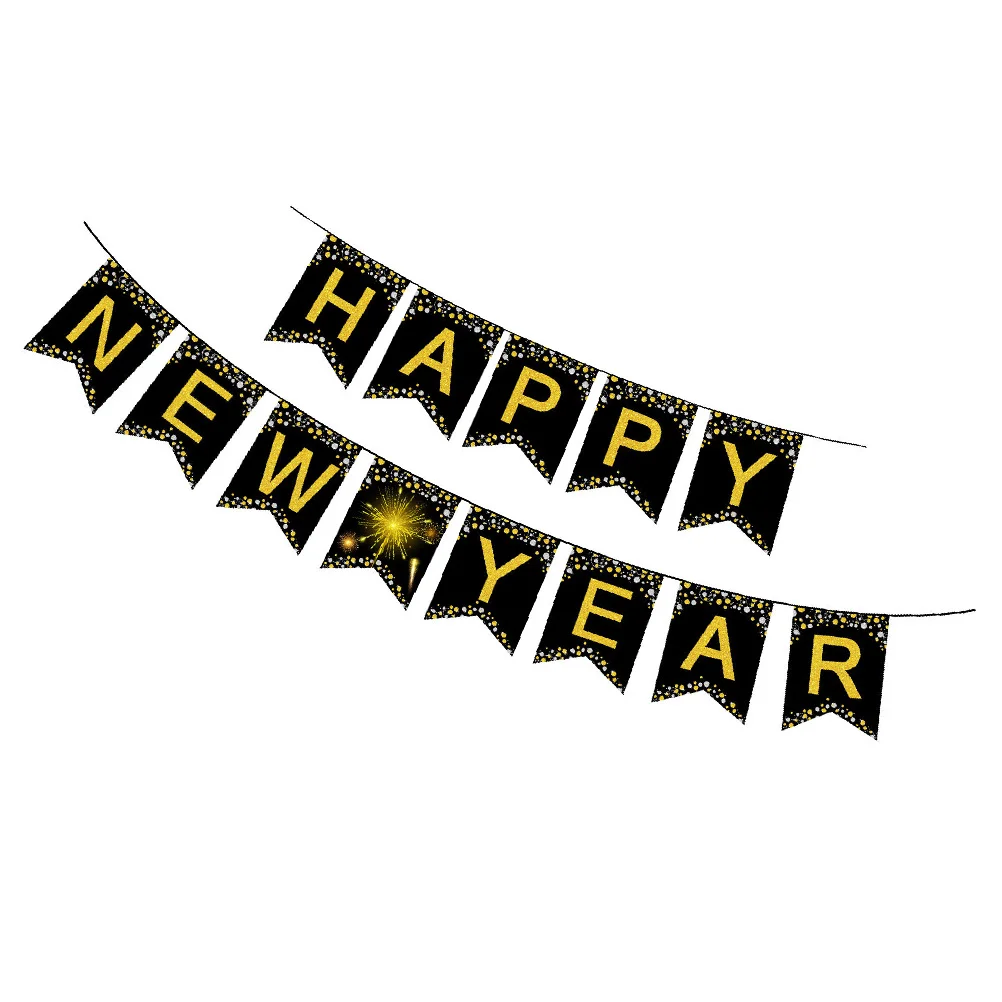 

New Year Swallowtail Banner Black Golden Happy Hanging Bunting Party Decoration For Wall Window Garden Outdoor Event