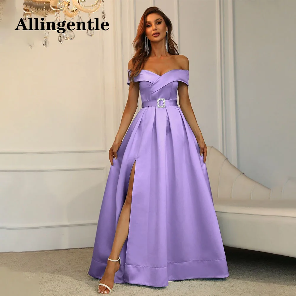 

Allingentle Elegant Satin Prom Party Dress 2024 A-Line Off Shoulder Saudi Arabia Dubai Floor-Length Party Evening Gown with Belt