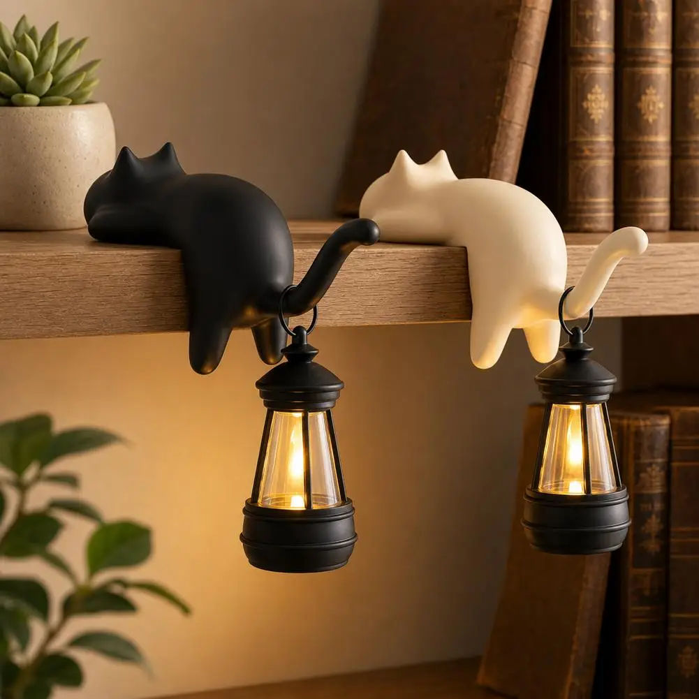 3D Printed Cat Shelf Hanger Night Light Desk Edge Hook Counter Balance No Drill Key Holder Button Battery Included Black White