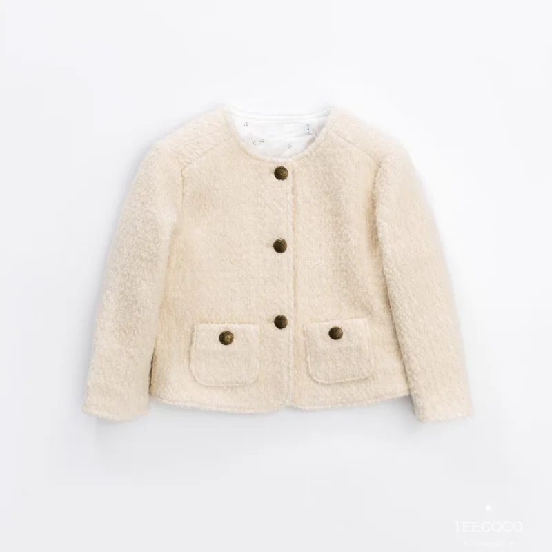 

В наличии 2022, осенне-зимнее белое пальто с подкладкой для маленьких девочек, однобортная куртка с круглым вырезом, шерстяное пальто, зимняя куртка для девочек