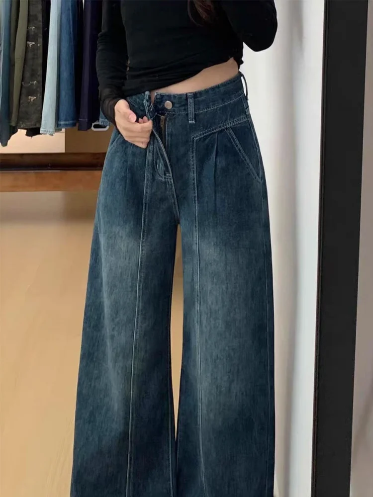 

plus Size High Waist Fleece Lined American Style Denim Jeans Women's Autumn Winter Wide Leg Pants Pear Shape Body Slimming