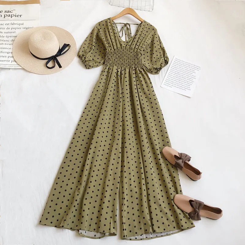 Summer Women High Waist A-Line Wide-leg Jumpsuit V Neck Short Sleeve Print Polka Dot Rompers Trousers Female Tie Bow Beach Pants