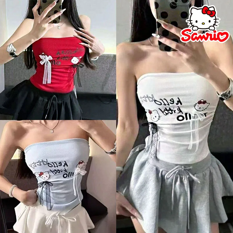 Sanrio Hello Kitty топы на бретелях женские сексуальные Y2k топ без рукавов с открытыми плечами корсет укороченный топ модный жилет без бретелек одежда футболка подарок