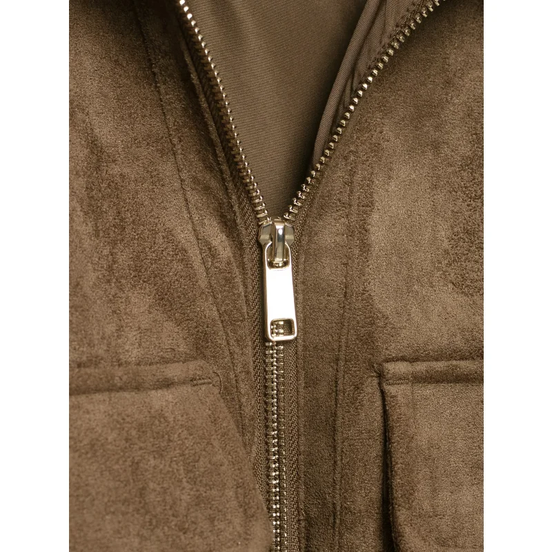 Damen-Jacke aus Wildlederimitat, Herbstkollektion, mit geripptem, hohem Kragen, Reißverschluss, langen Ärmeln und Taschen, kurze Vintage-Oberbekleidung. – Detail 23