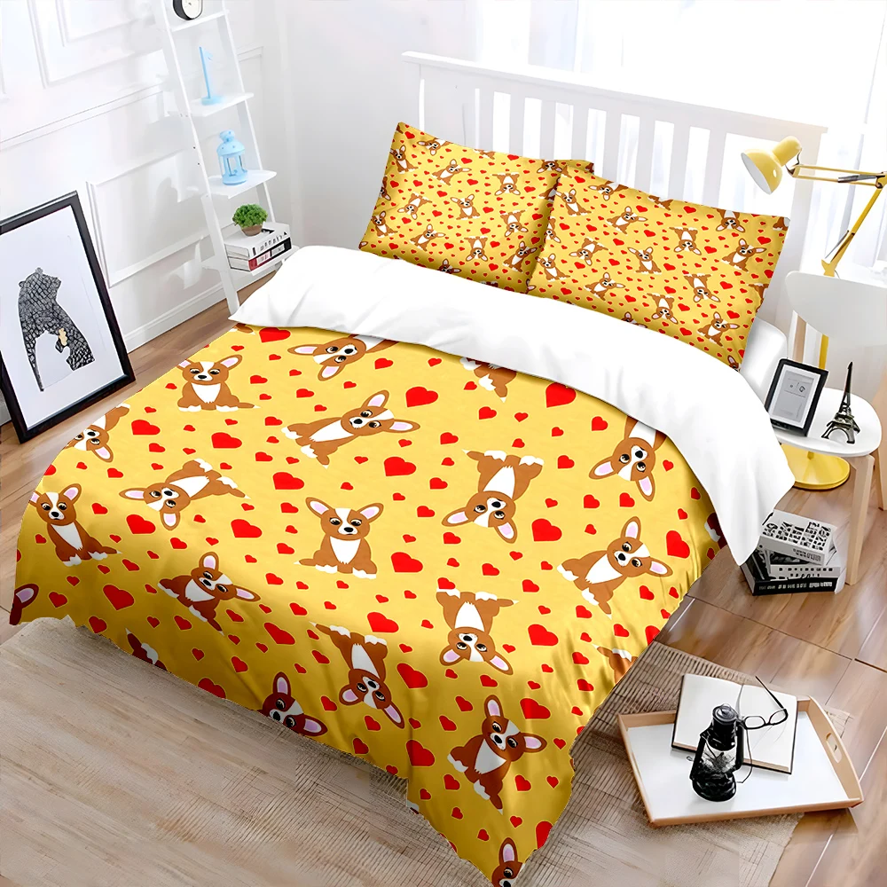Cute cartoon dogs with red heart background Print Bedding Set 1 Duvet Cover 2 Pillowcases for Adult and Children Luxury Gift
