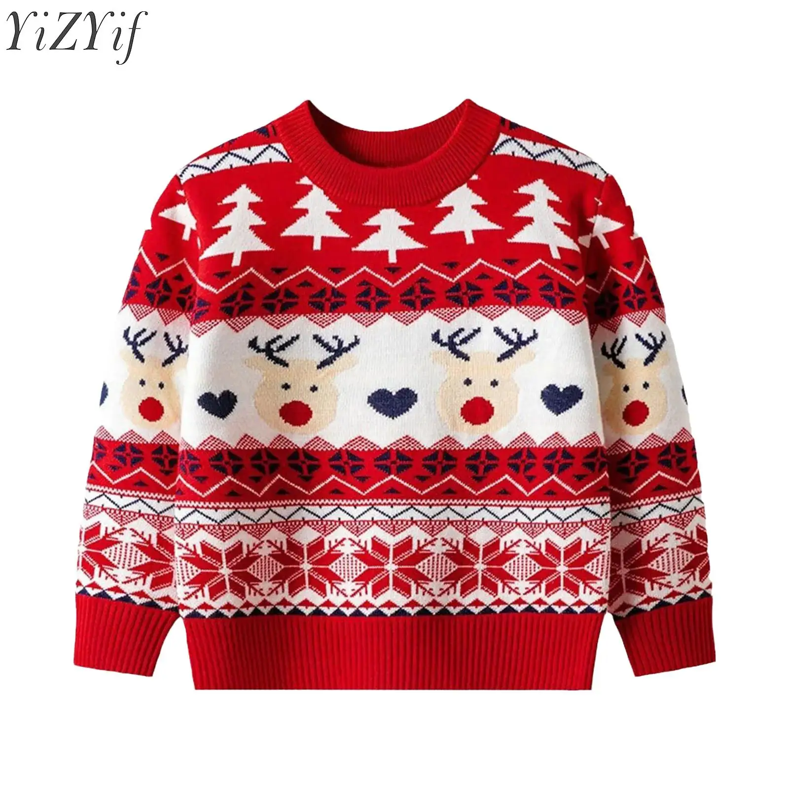 Kids Girls Christmas Printed Sweater Long Sleeve Knitted Pullover Top for New Year Santa Clause Festival Party Family Gathering