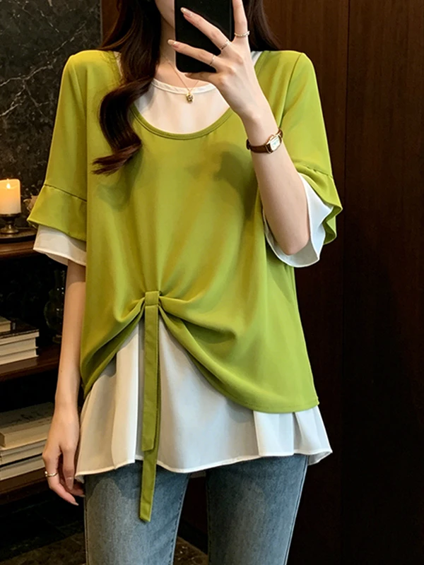 

plus Size Summer New Women's Clothing Flowing Fabric Loose Breathable Asymmetrical Design Belly Covering Casual Top