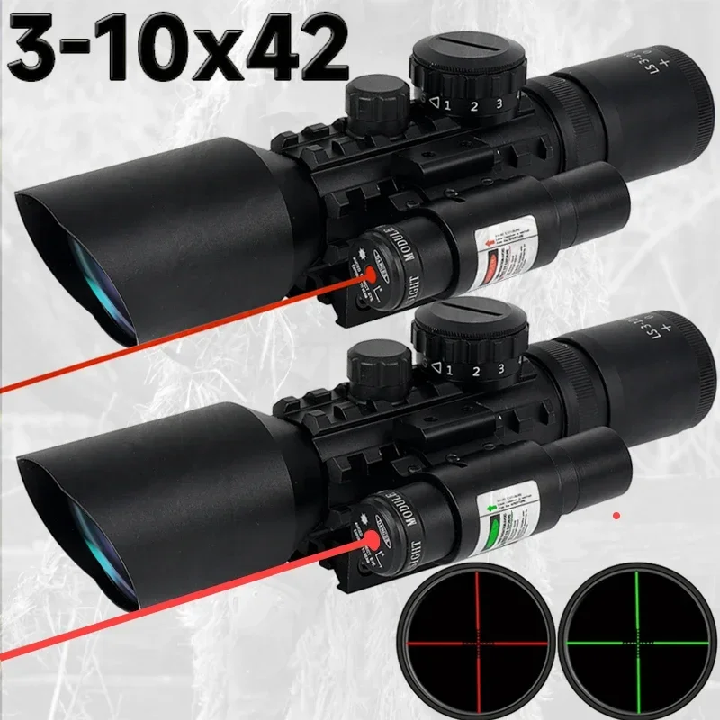 3-10X42 Red Dot Laser Sight Scope Riflescope Red Green Illuminated Reticles Rifle Scopes for Carbine Shotguns for 22/11mm Rail