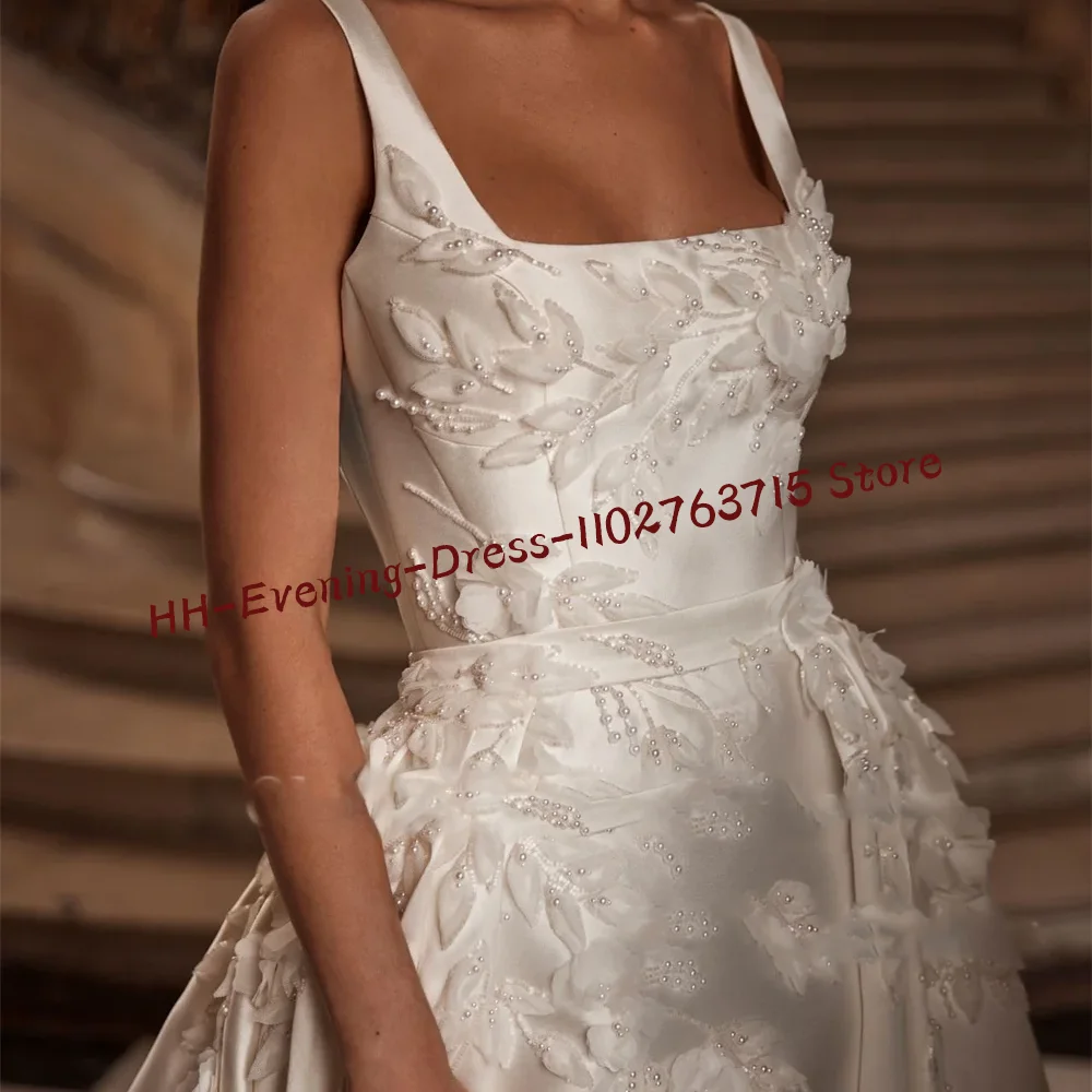 Elegante gola quadrada apliques florais linha a vestidos de noiva vestidos de noiva personalizados