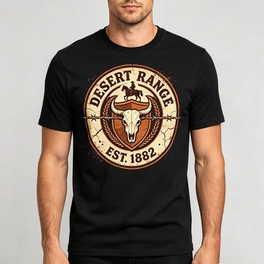 2026 Unisex Cotton T Shirt Vintage Desert Range EST 1882 Western Cowboy Longhorn Skull Round Badge Graphic Short Sleeve Crew