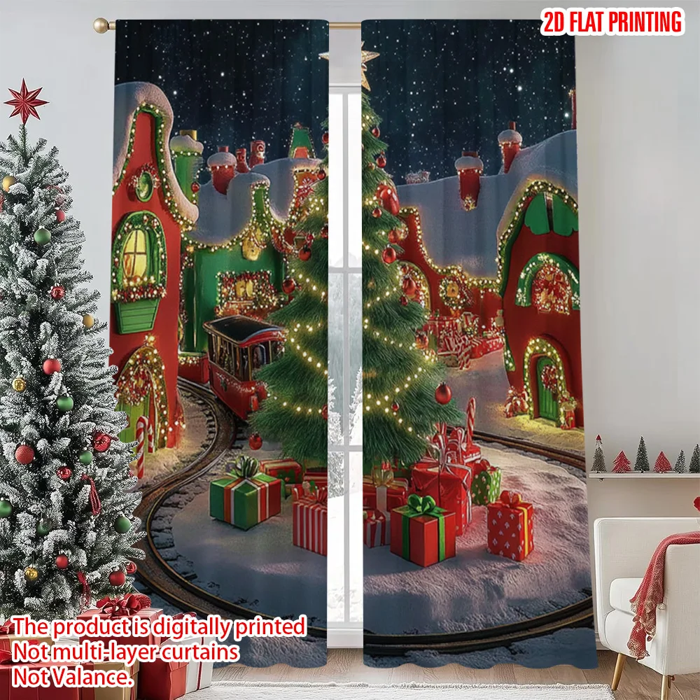 

2pcs 2D flat printing Christmas Party Curtain Fantasy Winter Snow Scene Christmas Tree Durable Polyester Without Electricity