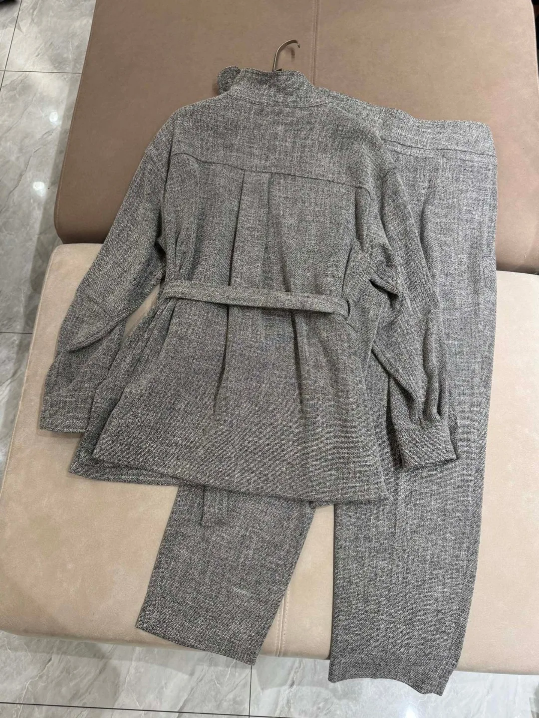 Autumn 2024 Women's Pants Suit Wool Cotton Linen Blended Single Breasted Jacket + High Waist Straight Trousers 2-Piece Set