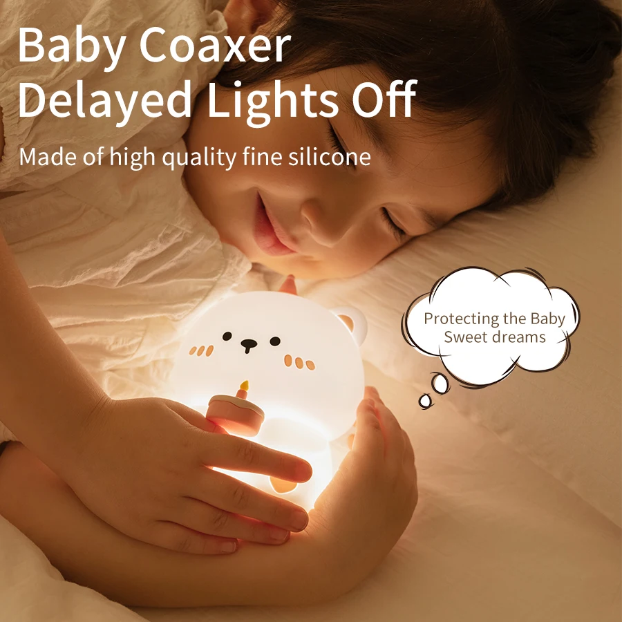 Baby Bear Night Light Silicone Led Nursery Kawaii Animal Mood Light for Kid Bedroom Decoration Bedside Birthday Rechargeable