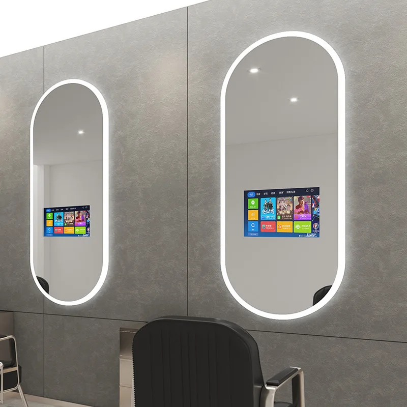 

barber shop wall-mounted mirror with TV screen with LED light hair salon special hair cutting mirror wholesale
