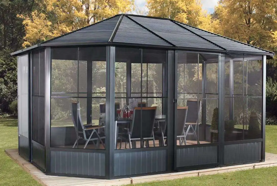 NEW Luxurious large sun room 4*6m gazebos wood grain aluminium alloy black high-end waterproof sun shade