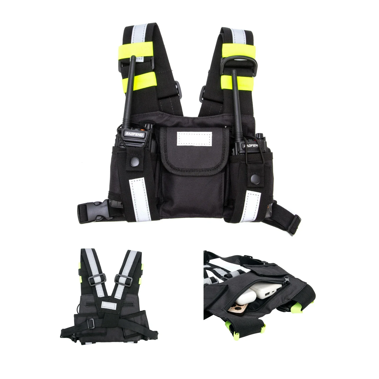 Walkie Talkie Radio Harnas Front Pack Vest Borsttas met reflecterende strips voor Jagen Klimmen Kamperen