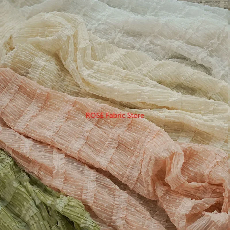 Striped Pleated Dot Embroidered Chiffon Fabric DIY Sewing, Spring Summer Dress, Designer Fabric, Dress Show, Beach Dress