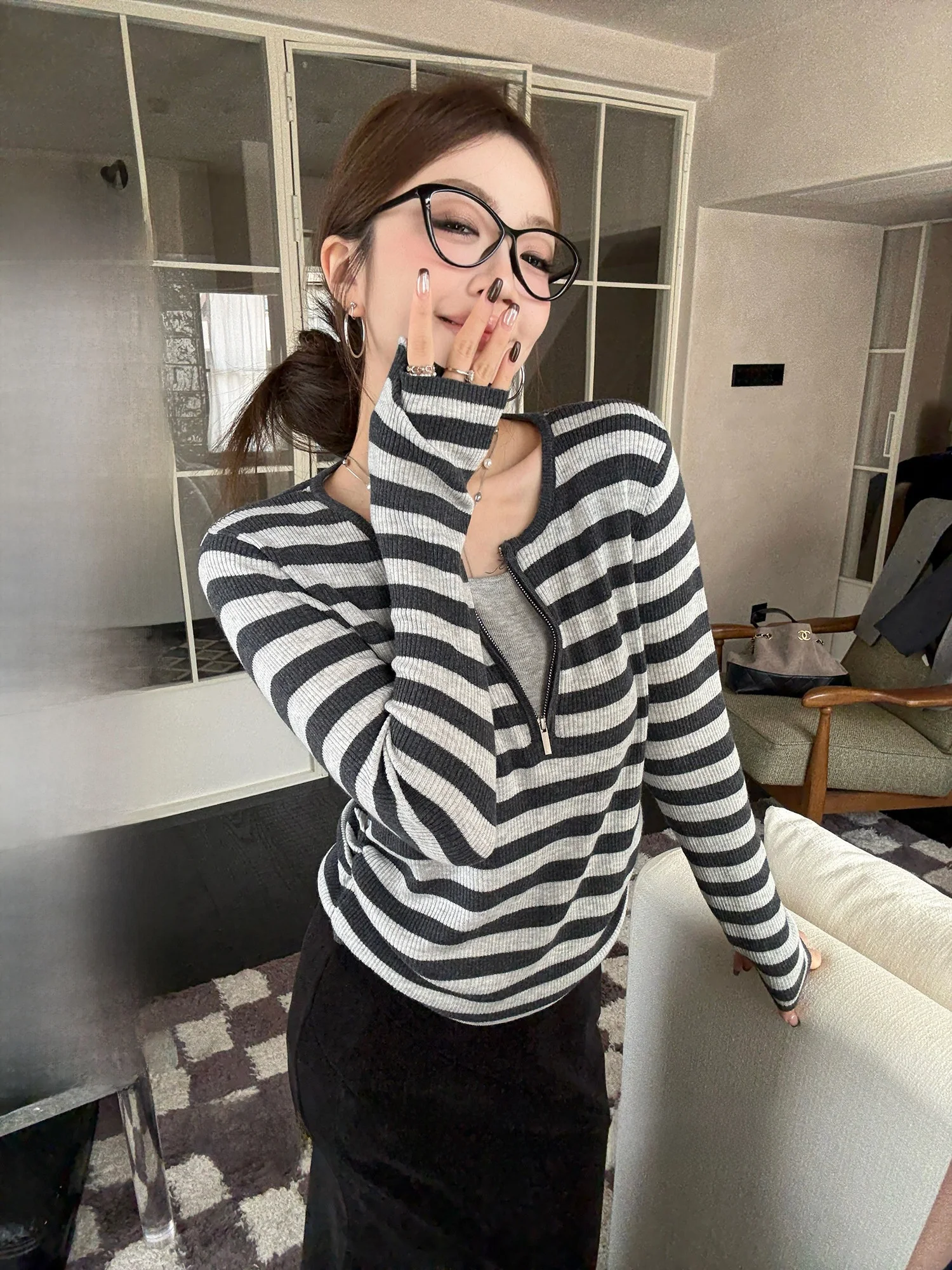 

Lazy Stripes Color Blo Knitted Sweater Women's New f Zip Design Sense Top Commute Sle round Ne Long Sve Regular Fit