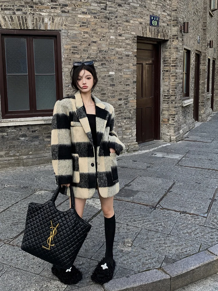 

Женское модное шерстяное пальто больших размеров в клетку, свободного кроя, утепленное, осенне-зимнее, в корейском стиле, для офиса и повседневной носки