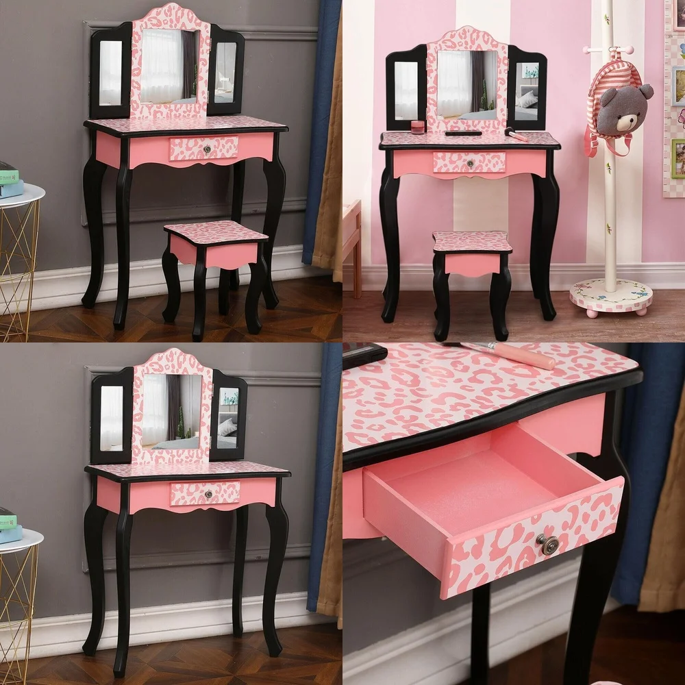

Makeup VanitiesPink Kids Vanity Table Set with Mirror and Stool Perfect Gift for Girls Makeover Fun Playtime Experience