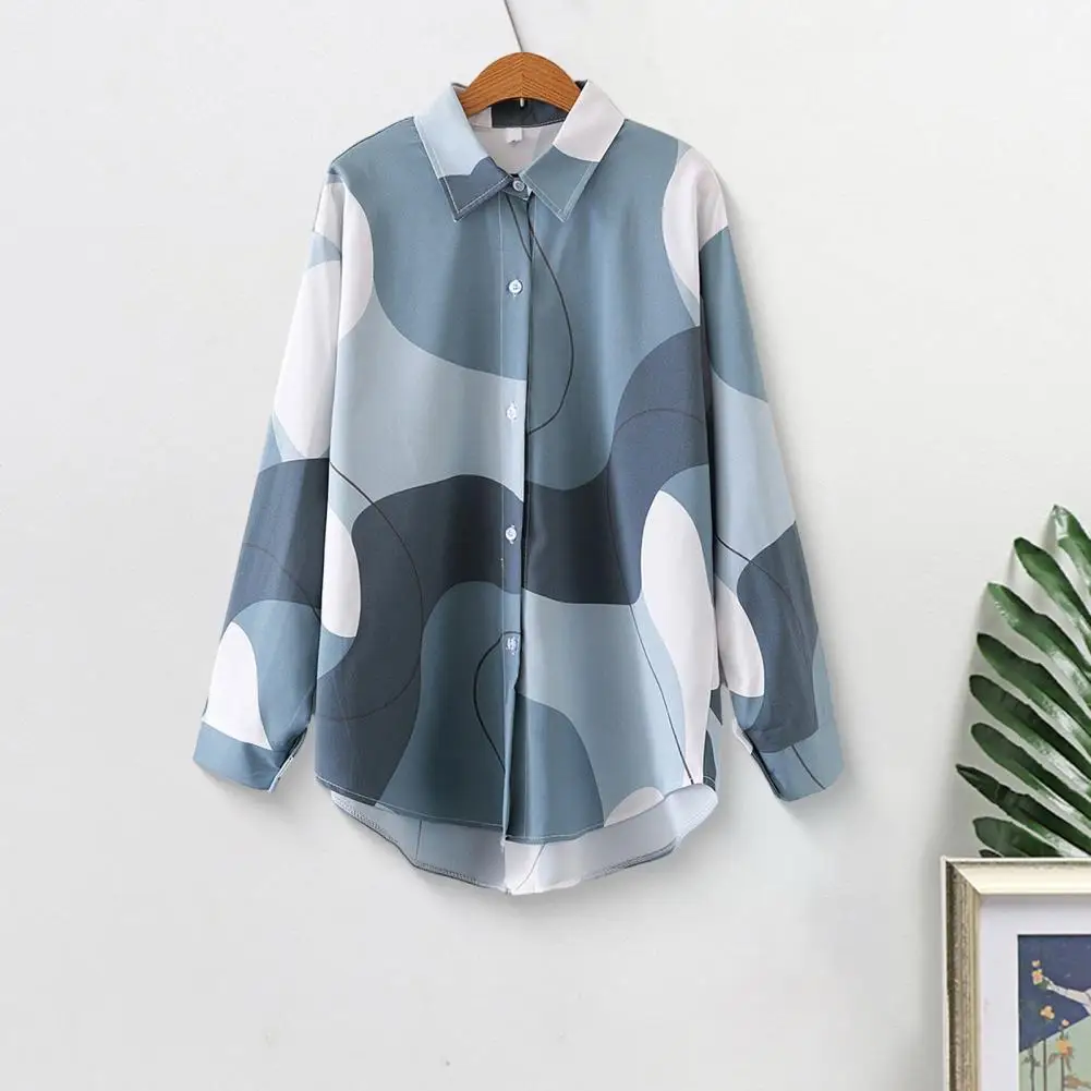 

Women Shirt Lapel Long Sleeve Single Breasted Shirt Loose Fit Color Matching Office Lady Shirt Daily Wear