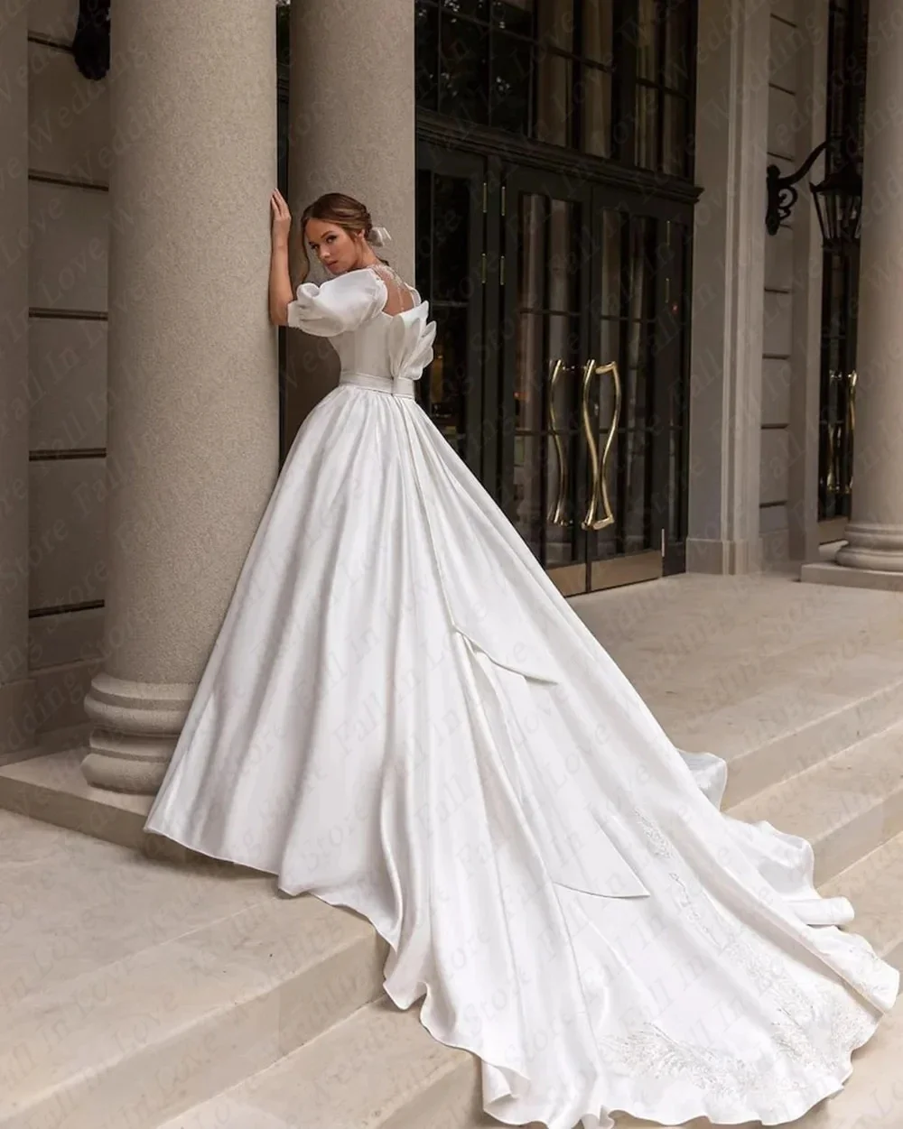 Simple Plain Satin Wedding Dress Vintage Square Collar Princess Puffy Sleeves A-Line Floor-Length Evening Formal Occasion Dress