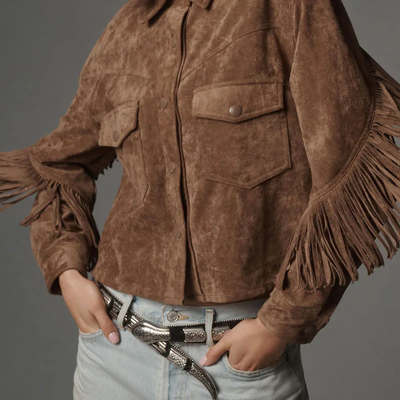 2025 New Women's Brown Jacket Fringe Trim Lapel Design Long Sleeve Street Fashion Coat Retro Euro-Chic Tassel Accent