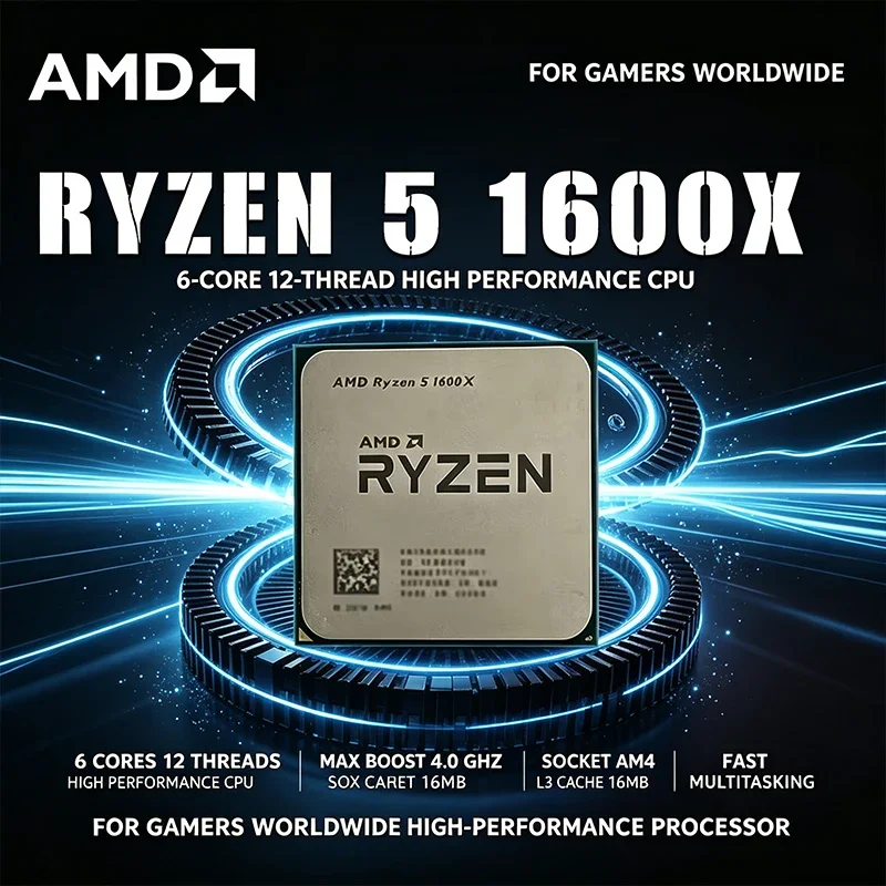 AMD Ryzen 5 1600X Processor 6-Core 12-Thread 3.6GHz Base, 4.0GHz Max Boost, AM4 Socket 16MB L3 Cache 14nm 95W TDP Desktop CPU
