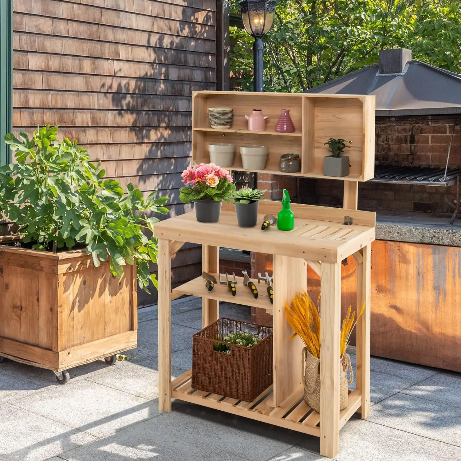 Comfort Corner Garden Potting Bench, Wood Potting Station w/Bottom Shelves & Top Compartments, Garden Workstation