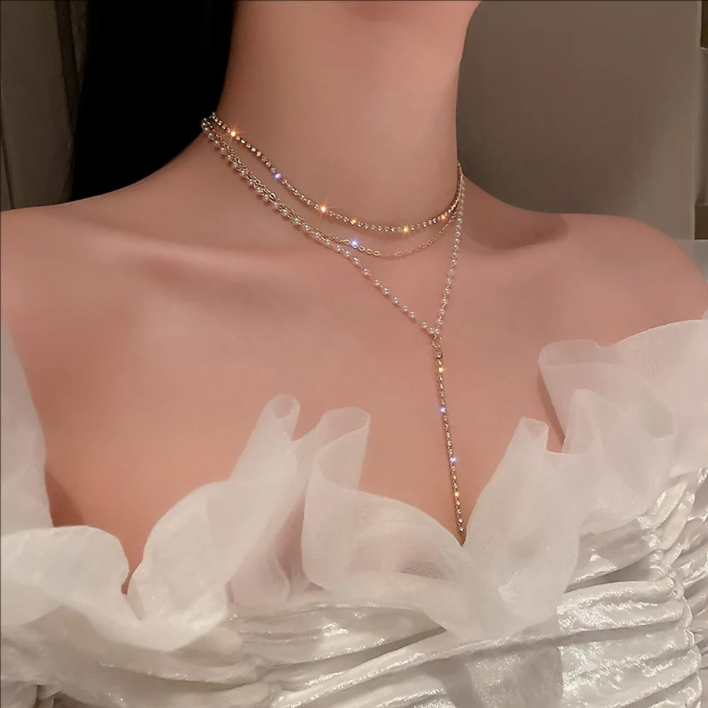 Light Luxury Multi-layer Sparkling Crystal Y-shaped Pearl Necklace Niche Design For Women Collarbone Chain New Neckband