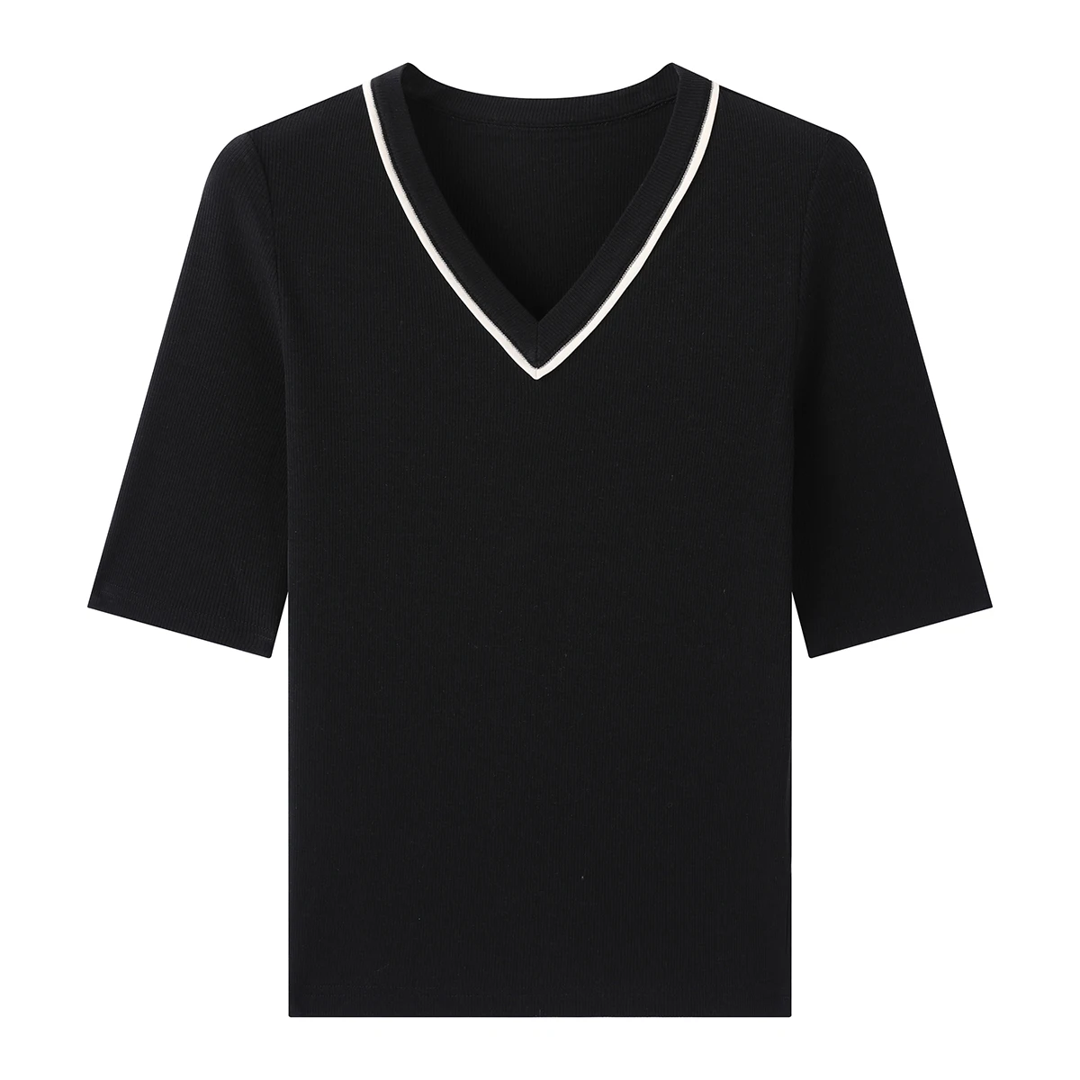 KL7523408 Maglieria da donna con scollo a V in morbido misto lana stile designer T-shirt a maniche corte a costine slim fit