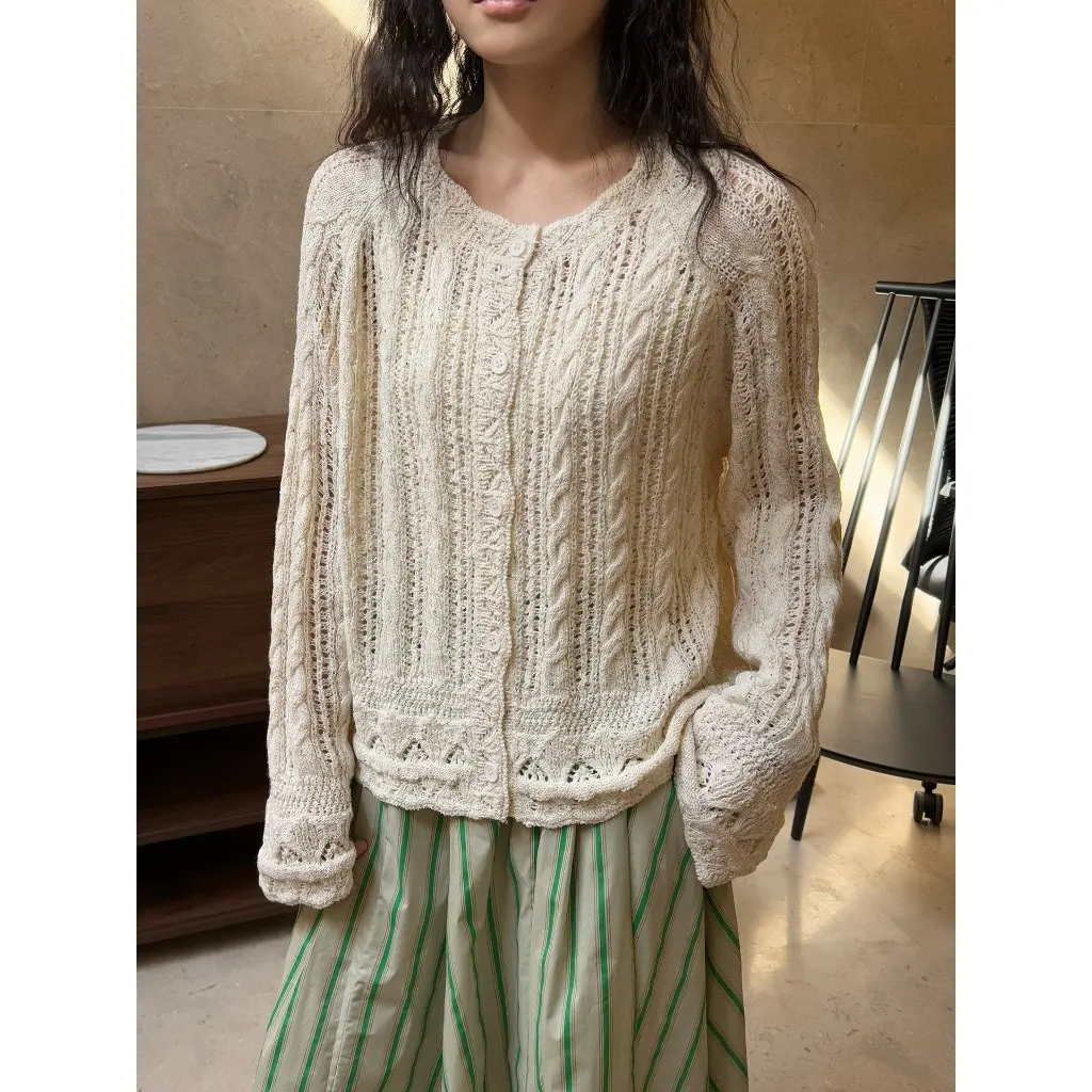 

LOVER Women's Korean Style Knitted Cardigan Spring Elegant Hollow Design Age-reducing Soft Comfortable Loose Slimming Top