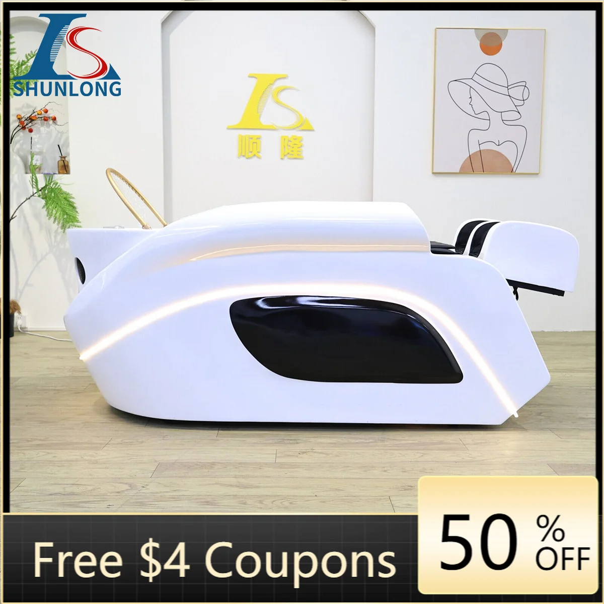 Electric Head Spa Shampoo Bed White Shell Black Panel Warm LED Light Water Circulation Hair Washing Chair for Hair Salon