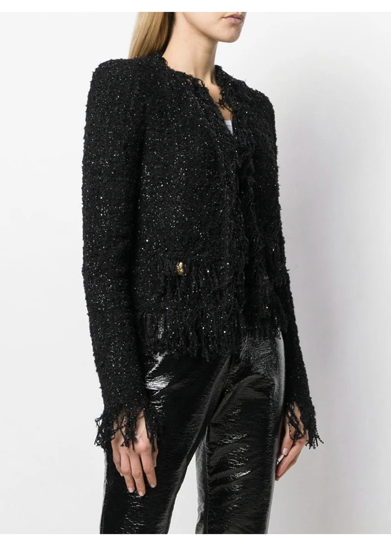 

S-XL New Fashion Black Woolen Jacket Coat Bright Color Metal Button Tassel Lace Pocket High Quality Silk Blend Women's Outerwear