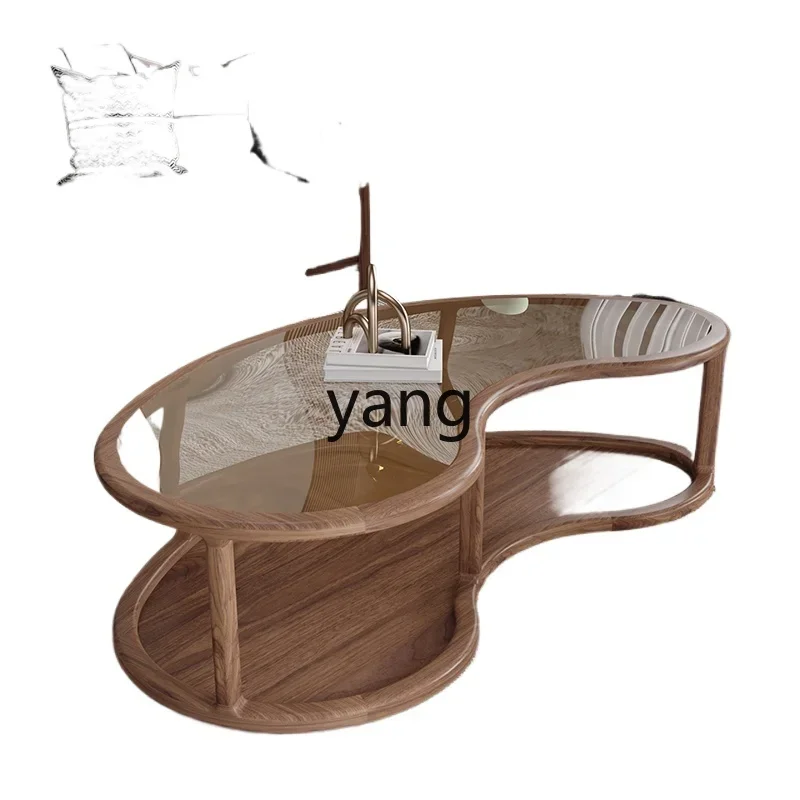 LMMModern Simple Round Solid Wood Coffee Table Glass Surface Oval Furniture