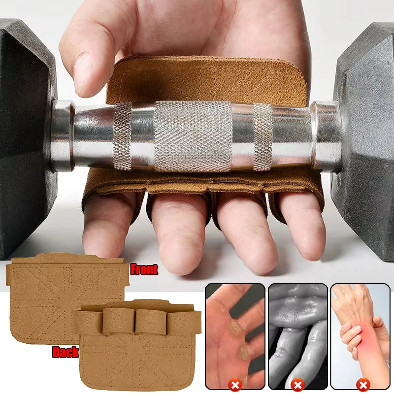 1 Pair Cowhide Weightlifting Gloves Four Finger Palm Protection Anti Slip Fitness Training for Men Women Pull Up Workout