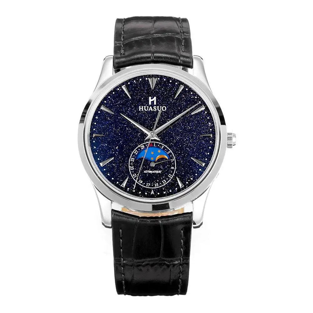 HUASUO 39mm Aventurine Moon Phase Men's Mechanical Watch Sapphire Crystal 50m Waterproof Movement