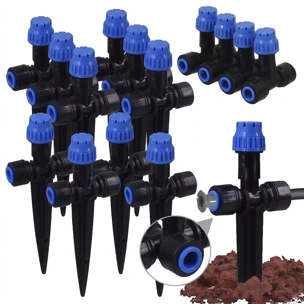 1/4 inch 8holes Tee Sprinkler with Support 6mm Quick Connector 360 Degree Adjustable Dripper Sprayer Garden Lawn Pots Automatic
