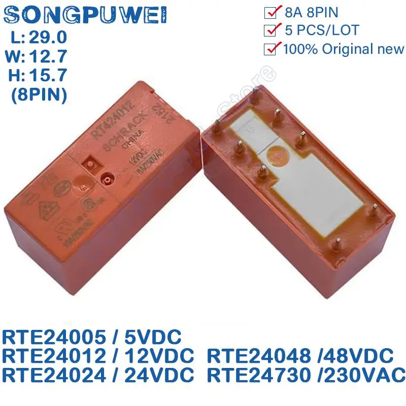 5Pcs/Lot Power Relay 5V 12V 24V 48VDC 230VAC RTE24 8PIN 8A 250VAC RTE24005 RTE24012 RTE24024 DPDT 2 Form C 100% Original New