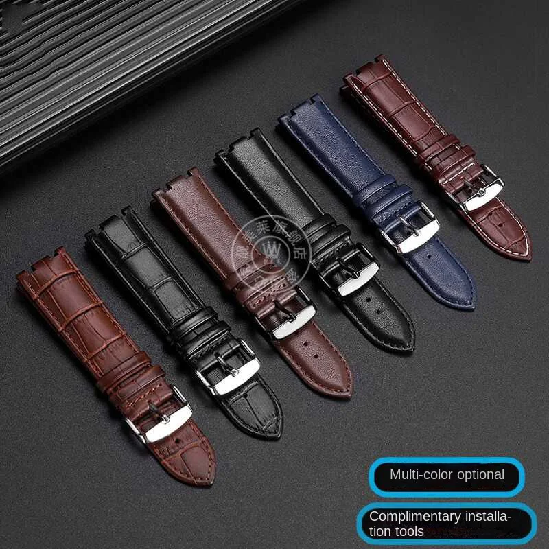 Double notch cowhide watchband for Casio Racing EFR-539D/EFR-539BK modified crocodile patterned cowhide watch strap Blue brown