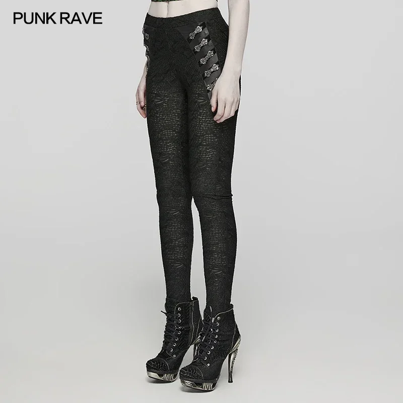 PUNK RAVE Women's Gothic Stretch Texture Leggings Engraved Buckle Decoration Slim Sexy Pants Women Clothing