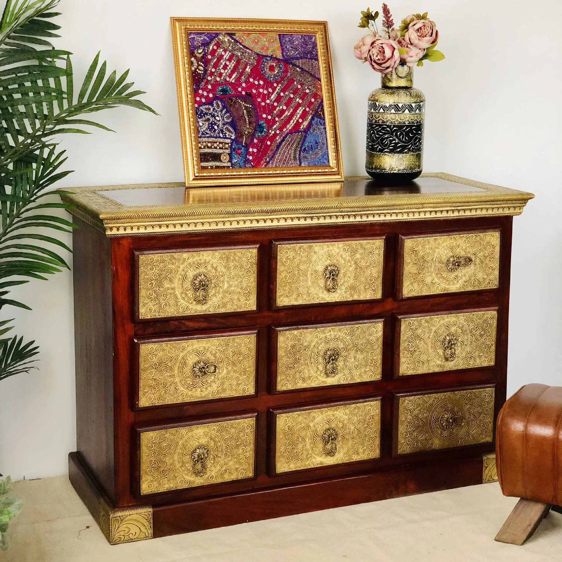 Southeast Asian style furniture solid wood wrapped copper chest nine drawers decorative cabinets brass carved living room