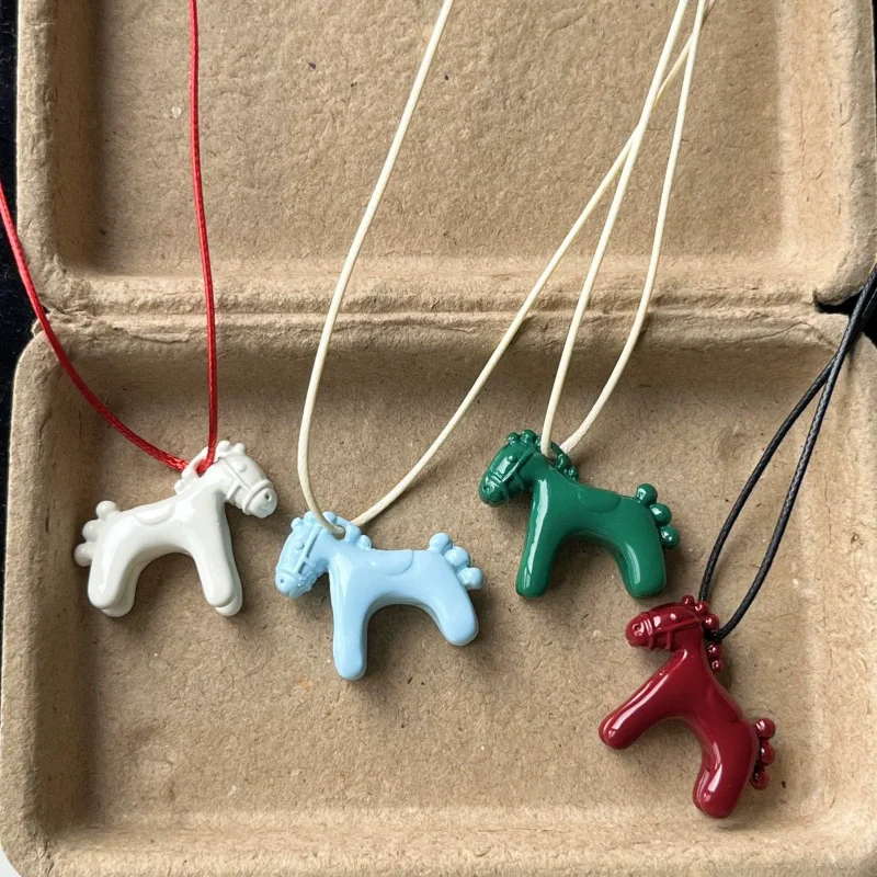 Colorful Horse Pendant Long Necklace for Women Simple Adjustable Sweater Chain Jewelry Gifts Fashion Accessory