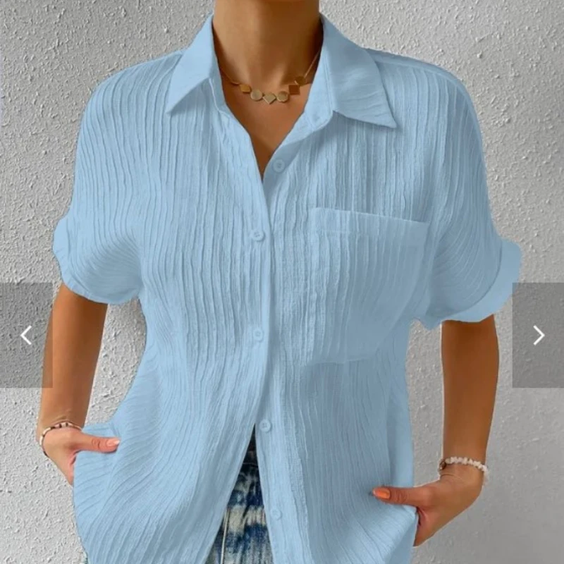 

Summer Solid Color Short Sleeve Blouse Female Loose Casual Buttons Pocket Shirt Women's Fashion Shirts