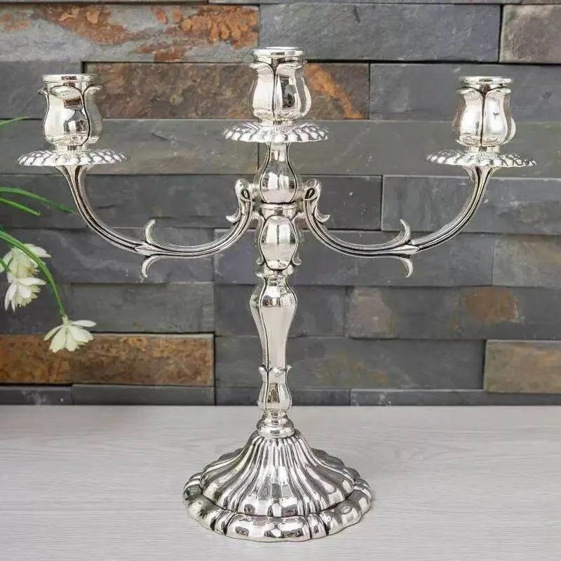 Bright silver metal zinc candle holder European classical three-head home furnishing hotel dining table soft decoration
