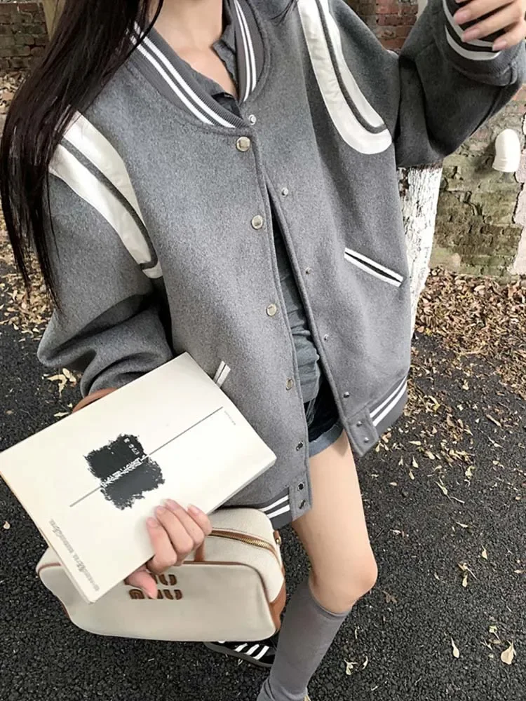 ADAgirl Grey Bomber Jacket Contrast Color Long Sleeve Coat Women Winter Jacket Korean Preppy Style Baseball Uniform Clothes Chic