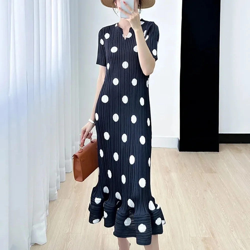 Women's Fold Long Dress Polka 2024 New Dot Printed Elegance Loose And Slimming Short Sleeved Summer Pleated A-Line Dress Female