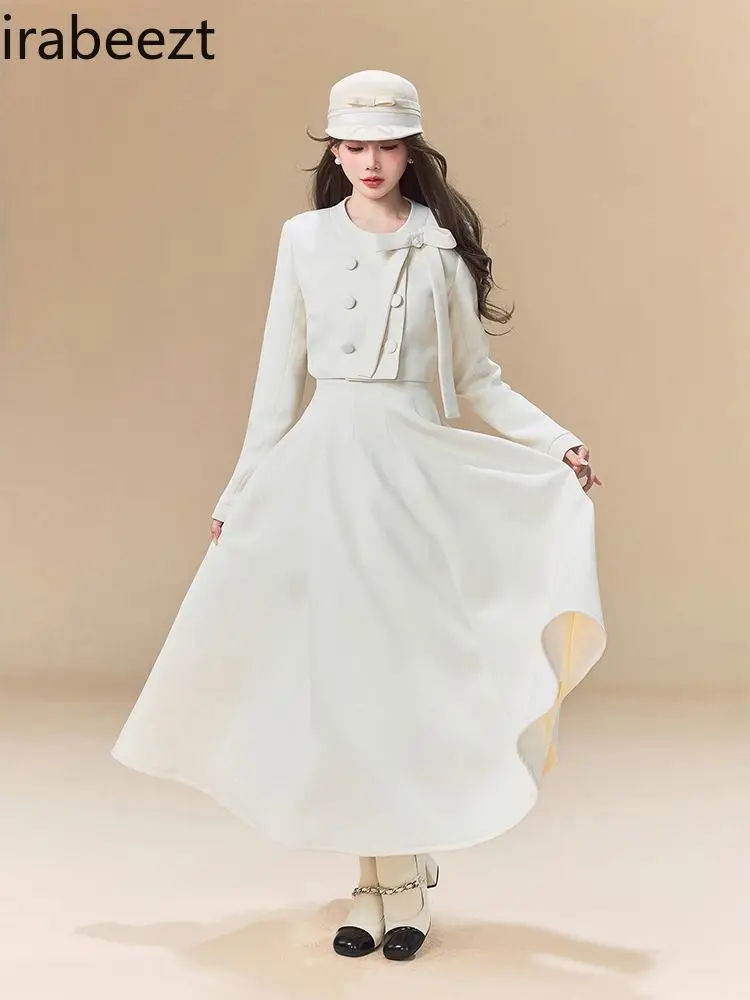 French Pearl Bow Breasted A-line Silhouette Long Skirt Fashion Set Retro Two-piece Women White Suit Women Blazer Set