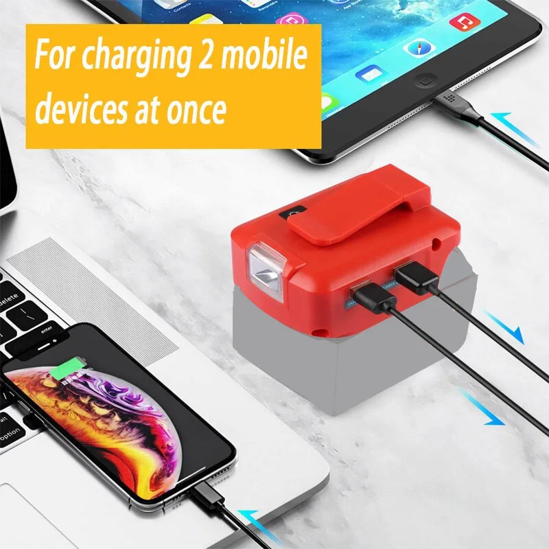 

New 1-piece portable power adapter for Milwaukee 18V Li-ion Battery, LED Work Light, and 5V USB Type-C Output.