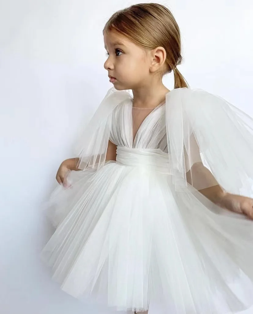 Infant Toddler Baby Girls Wedding Dress Princess Gown Vintage Boho Chic Dresses Smoky Blue Big Ruffles Sleeve Ins Kids Clothes